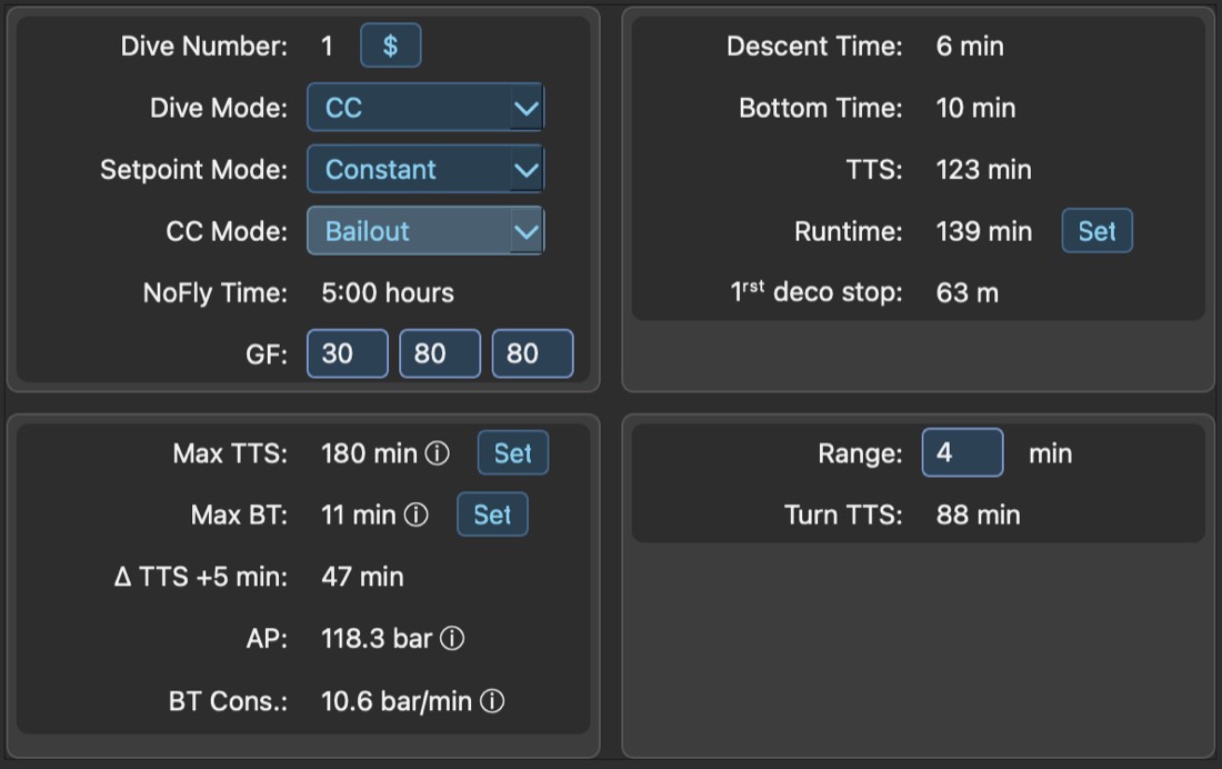 DiveCast CC dive parameters panel in Bailout mode showing recalculated max TTS, max bottom time and bailout consumption rate