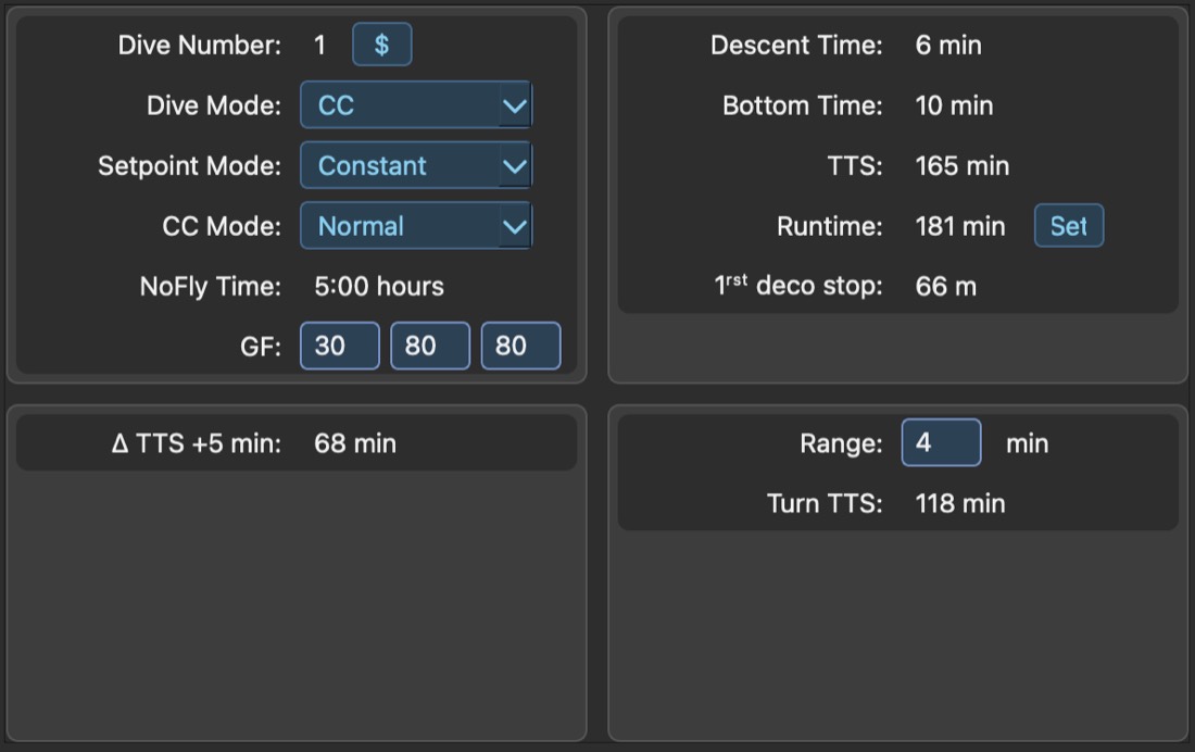 DiveCast CC dive parameters panel in Normal mode showing gradient factors, descent time, bottom time and TTS