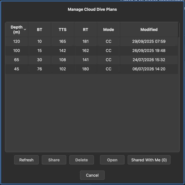 DiveCast manage cloud dive plans dialog listing saved plans by depth, bottom time, TTS, runtime and mode with share and open actions