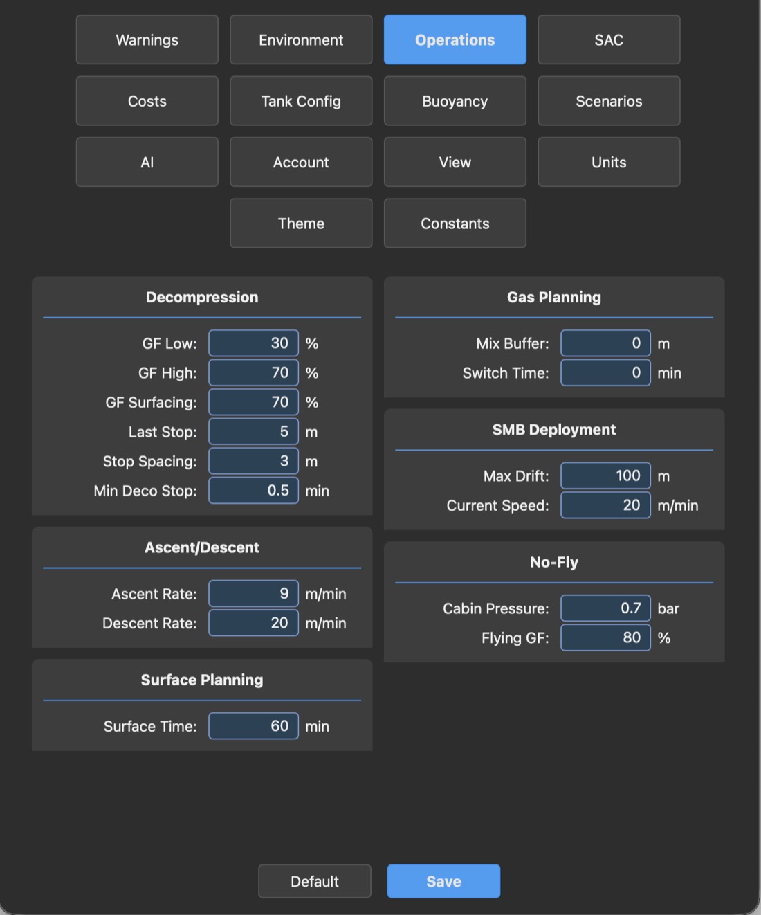 DiveCast settings screen with categories for warnings, environment, operations, SAC, tank config, buoyancy, scenarios and AI, and detailed decompression, ascent/descent, gas planning, SMB deployment and no-fly parameters