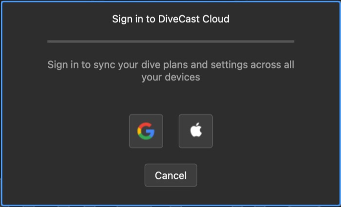 DiveCast in-app sign in dialog with Google and Apple options