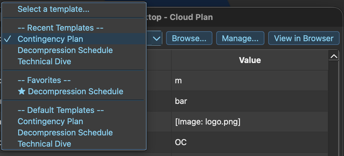 DiveCast template selector listing recent, favorite and default slate templates including Contingency Plan, Decompression Schedule and Technical Dive