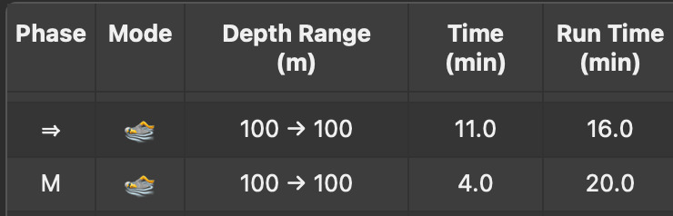 DiveCast bottom phases table showing an exploration phase and a return-to-the-line phase with depth range, time and run time
